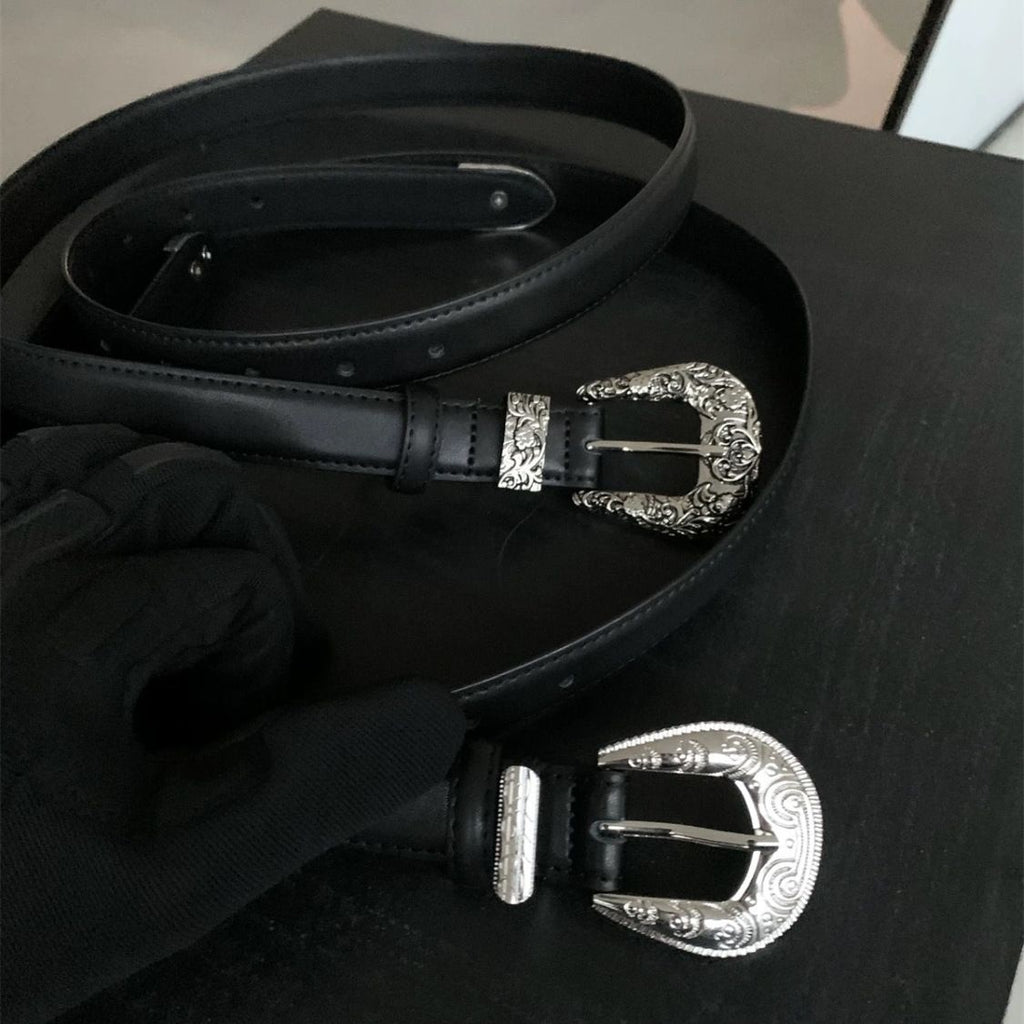 Akiyama Style Leather Belt Engraved Western Metal Buckle Waist Belt