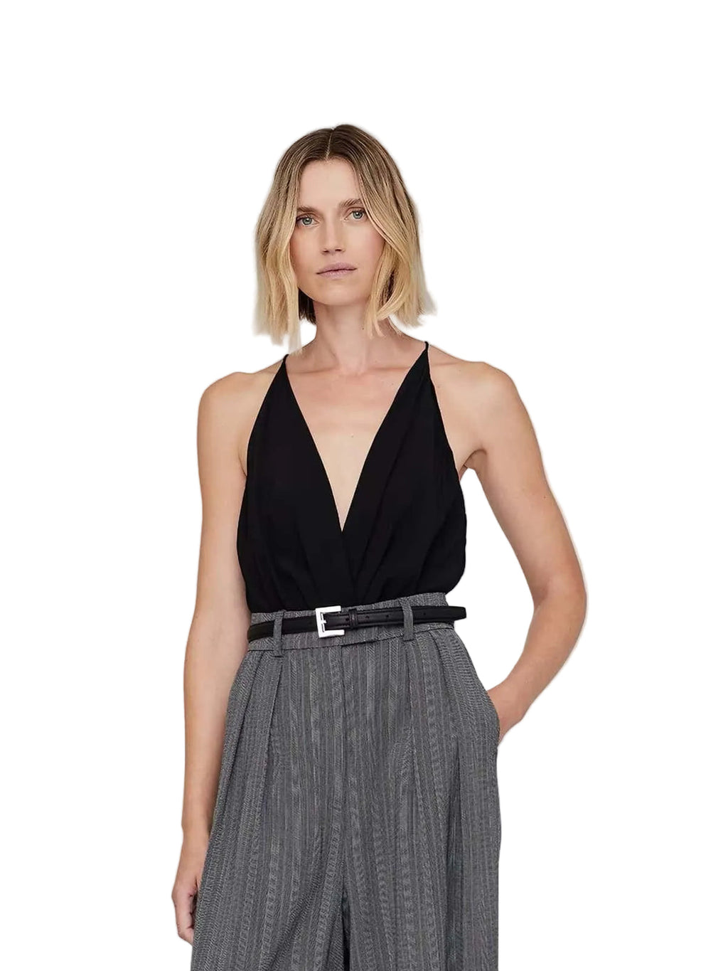 ANINE BING Nicola Belt Black Square Buckle Slim Leather Waist Belt