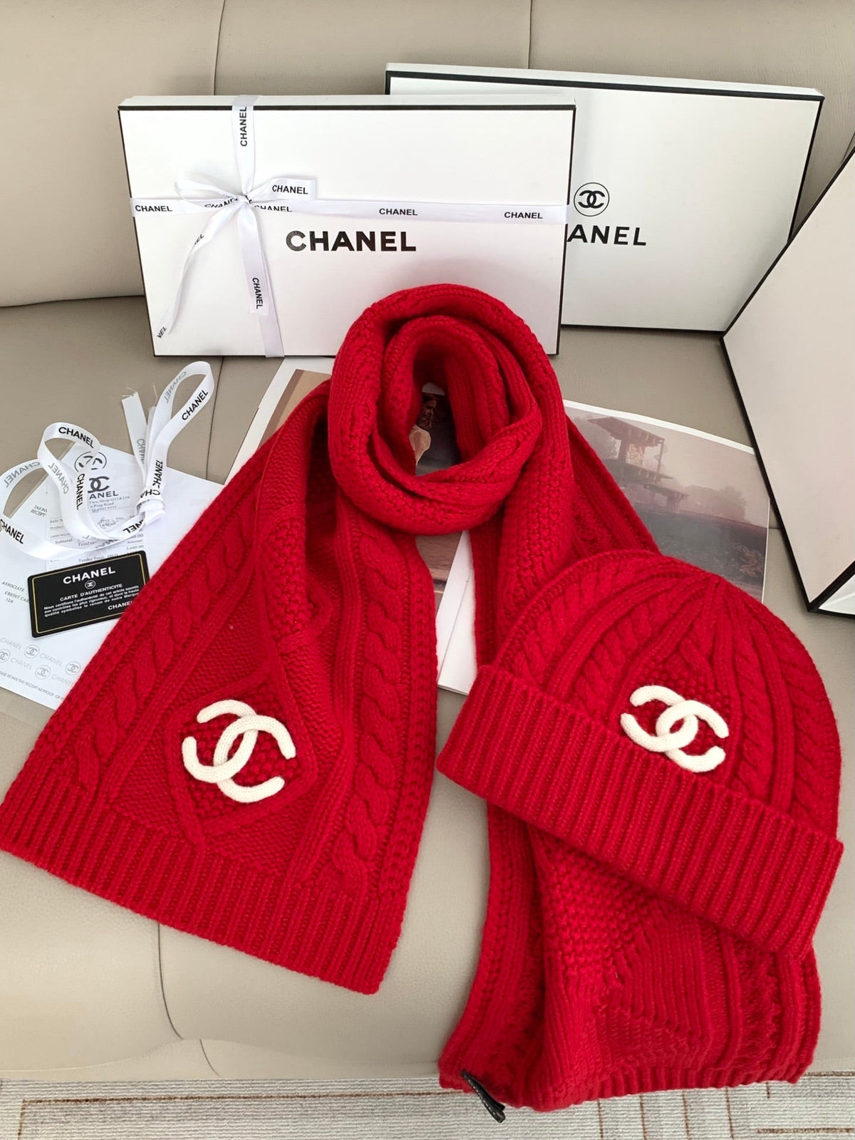 Chanel Style Rib-Knit Scarf and Beanie Set