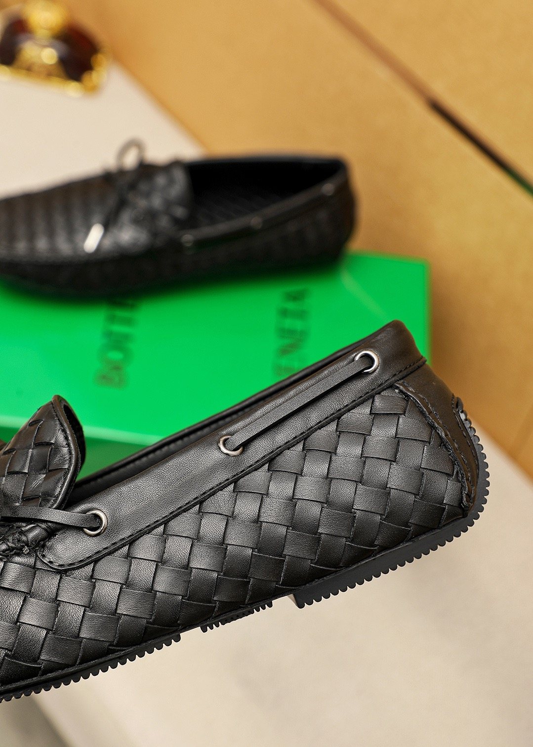 Bottega Veneta Black Woven Lace-Up Loafers