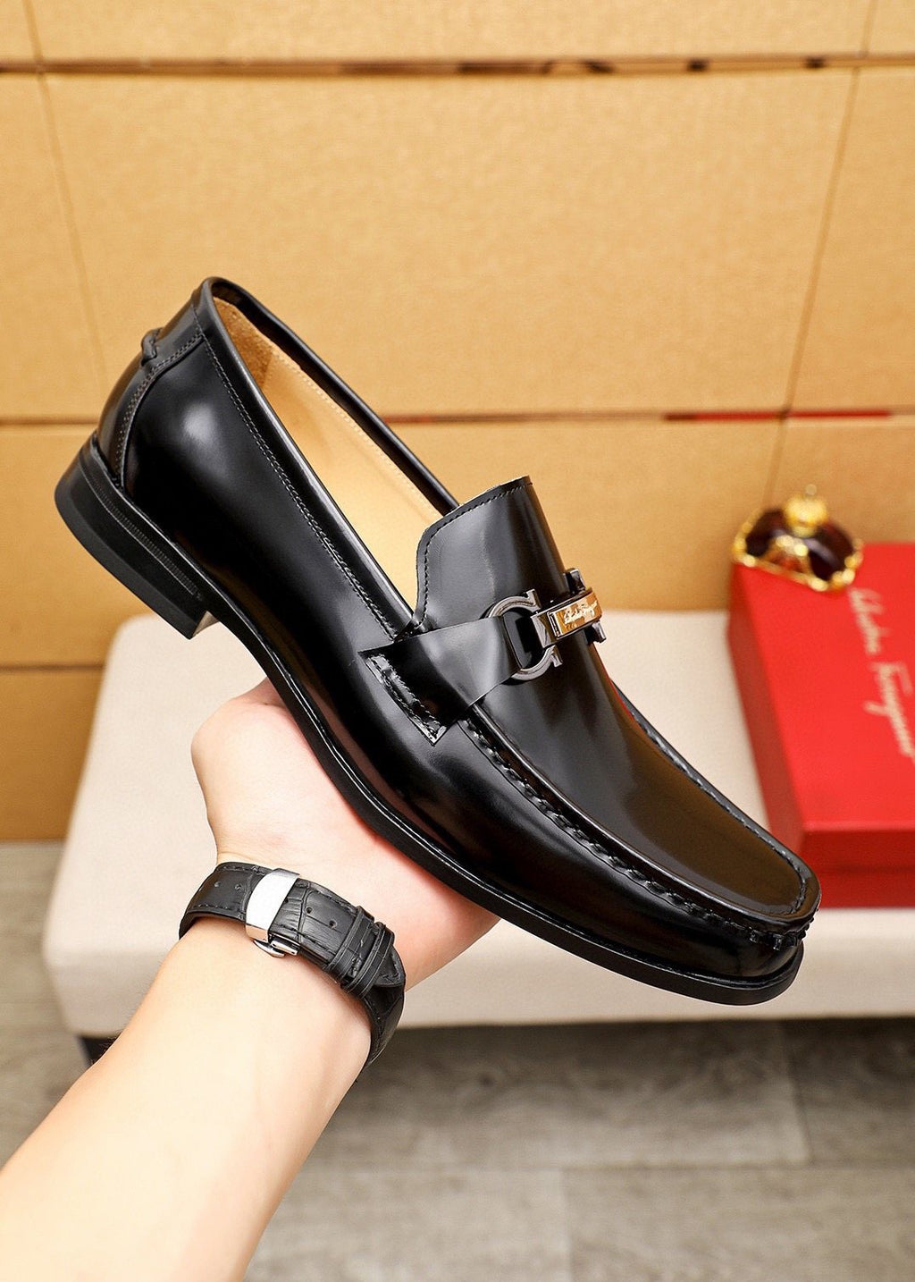 Ferragamo Black Buckle Leather Loafers - Silver-Tone Hardware